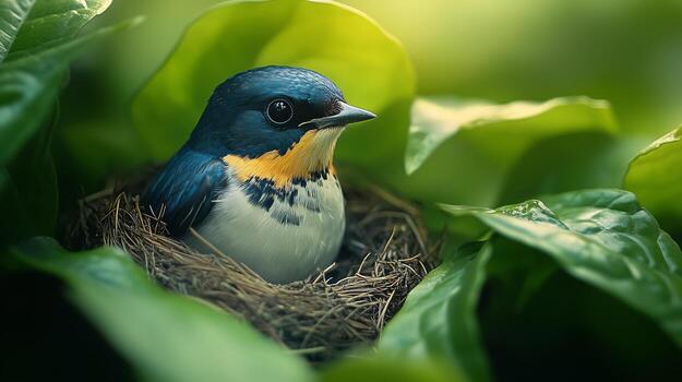 A bird is sitting in a nest in the middle of green leaves photo
