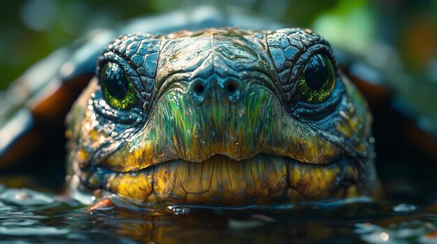 A close up of a turtle's face in water photo