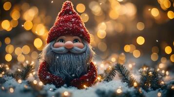A gnome with a beard and red hat sitting in the snow photo