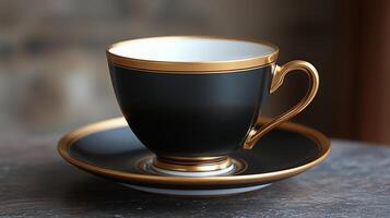 A black and gold cup and saucer on a table photo