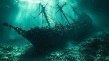 An underwater view of a ship in the ocean photo