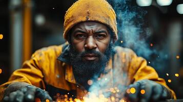 A man with a beard and a yellow hat is welding photo