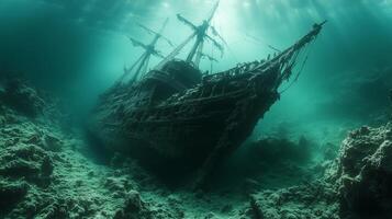 An underwater view of a ship in the ocean photo
