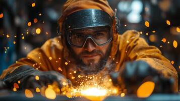 A man in a welding helmet is welding sparks photo