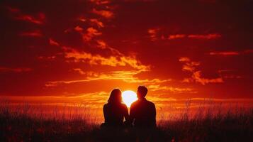 Couple sitting on grass in front of sunset photo