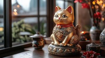 A gold statue of a cat sitting on a table photo