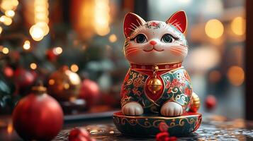 A figurine of a cat sitting on a table photo