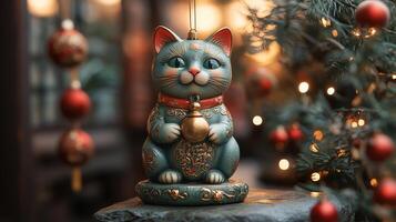 A cat figurine is sitting on a ledge photo