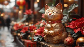 A gold cat statue sitting on a window ledge photo