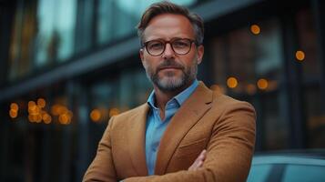 A man with glasses and a beard standing in front of a car photo