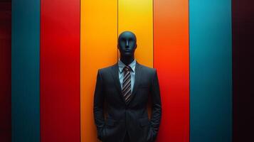 A man in a suit and tie standing in front of a colorful wall photo