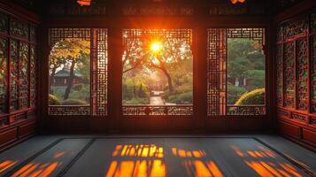 Sunlight Streaming Through Intricate Wooden Lattice Windows photo