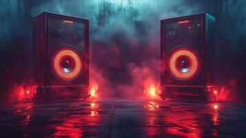 Two speakers with red lights in a dark room photo