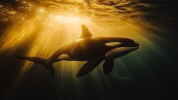 Killer whale in the ocean with sunlight shining through photo
