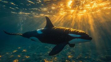 An orca whale swimming in the ocean with sunlight shining through the water photo