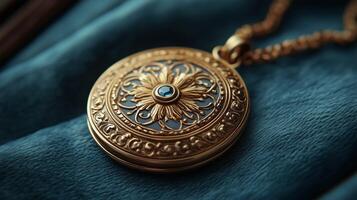 A gold pendant with a blue stone on it photo