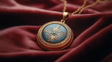 A blue and gold pendant with a flower on it photo
