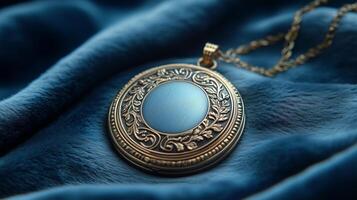 A blue locket with a gold chain on a blue background photo