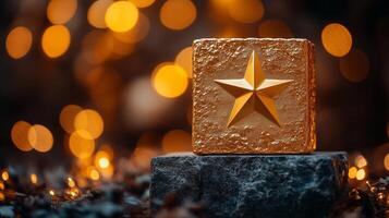 A golden star on a black block with blurred lights photo