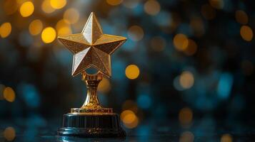 A golden star award on a table with a blurred background photo