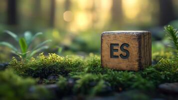 Wooden block with the word es in the middle of the forest photo