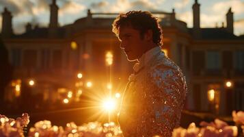 A man in a sequin suit stands in front of a large mansion photo