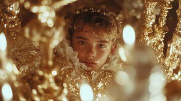 A young boy in a gold dress is surrounded by gold photo