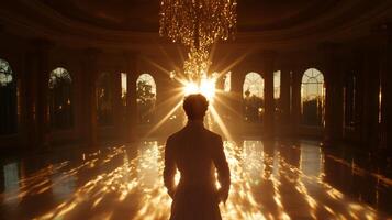 A man standing in front of a chandelier in a large room photo