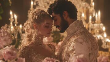 The prince and princess are embracing in a room with flowers photo