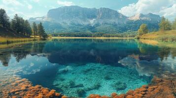 Crystal-clear lake, mountain reflection, spring, turquoise water photo