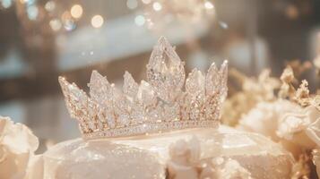 A wedding cake with a crown on top photo