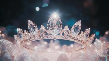 A crown sits on top of a crystal table photo