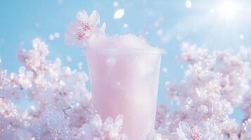 A pink drink in a plastic cup with flowers photo
