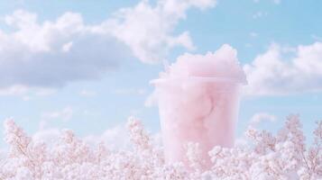 A pink drink in a plastic cup on a field of white flowers photo