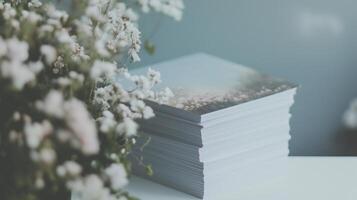 Stack of cards with flowers in the background photo