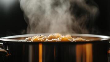 A pot with food in it with steam coming out photo