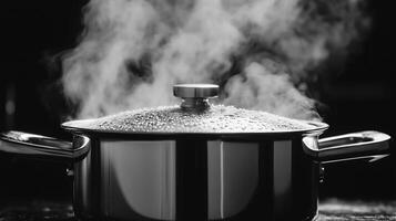 A pot with steam coming out of it on a black background photo