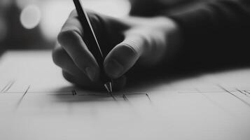 A person is writing on a piece of paper with a pen photo