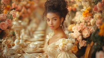 A woman in a formal dress sitting at a table with flowers photo