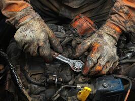 A mechanic works on an engine, using a wrench while covered in grease and dirt, showcasing the labor involved in automotive repair. photo