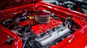 Close-up of a vibrant red engine with a polished chrome intake, showcasing intricate details and mechanical components. photo