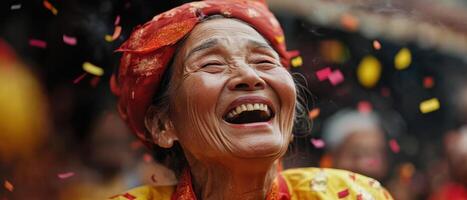 A joyful elderly woman in vibrant attire, laughing amidst colorful confetti, capturing the essence of celebration and happiness. photo