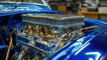 Shiny blue car engine with polished chrome components, showcasing detailed craftsmanship and automotive design in a workshop setting. photo