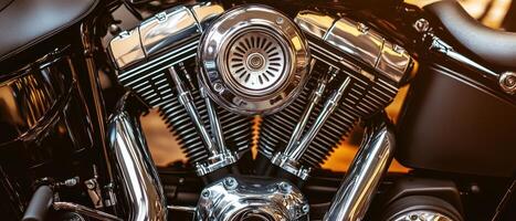 Close-up of a motorcycle engine showcasing intricate metalwork and detailing, highlighting its powerful design and craftsmanship. photo