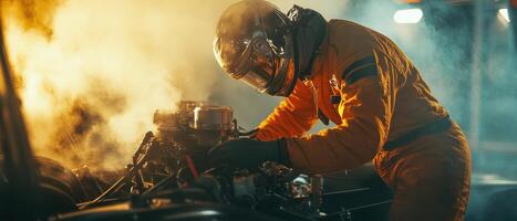 A mechanic in a bright orange jumpsuit works on an engine amidst dramatic lighting and smoke, showcasing automotive repair skills. photo