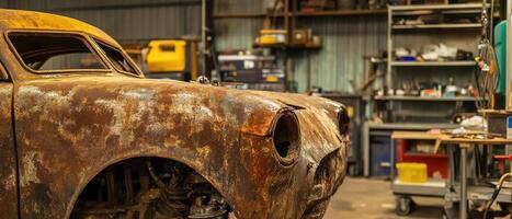 Rusty vintage car in a workshop, surrounded by tools and materials, showcasing the charm of automotive restoration. photo