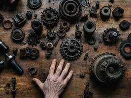 A variety of mechanical parts and tools scattered on a wooden surface, with a hand reaching out to touch them. photo