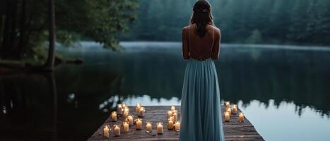 A woman in a flowing blue dress stands on a dock by a lake, surrounded by glowing candles, creating a serene and mystical atmosphere. photo