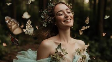 A joyful woman surrounded by butterflies in a serene forest, adorned with floral elements, embodying nature and beauty. photo