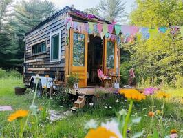 A charming tiny house on wheels surrounded by vibrant wildflowers, featuring colorful bunting and large front doors inviting nature indoors. photo